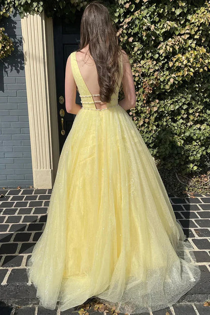 Glamorous V-Neck Beaded Yellow Floor-Length Prom Dress