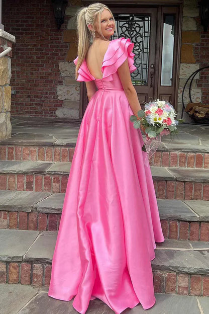 Glamorous V-Neck Ruffled Hot Pink Floor-Length Evening Dress