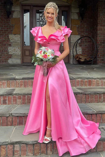 Glamorous V-Neck Ruffled Hot Pink Floor-Length Evening Dress