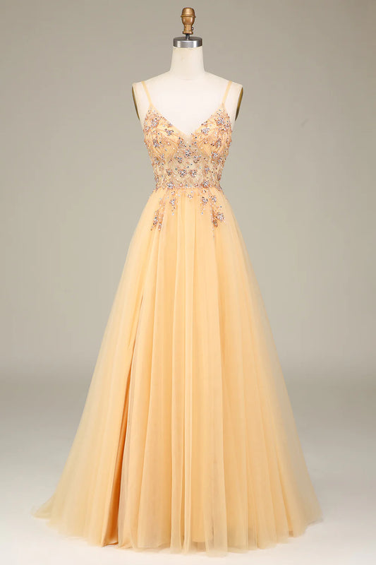 AerbaDress Charming A Line Spaghetti Straps Golden Long Prom Dress with Beading