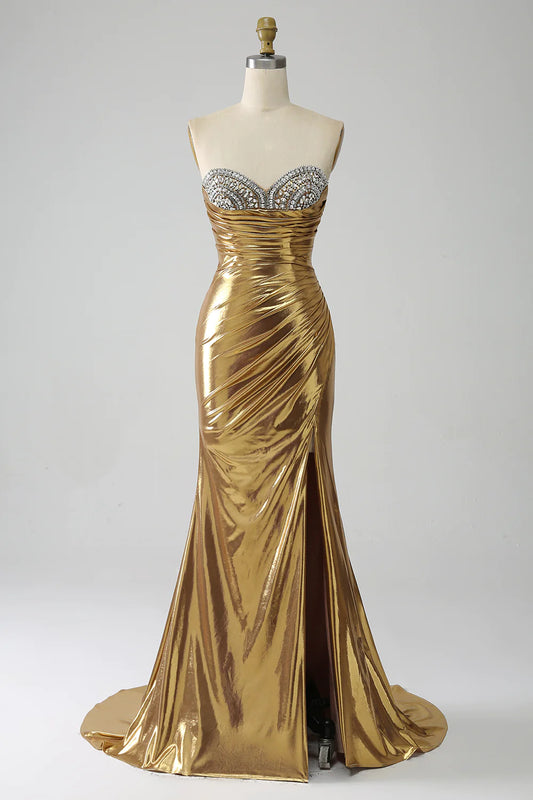 AerbaDress Golden Mermaid Strapless Long Prom Dress with Slit