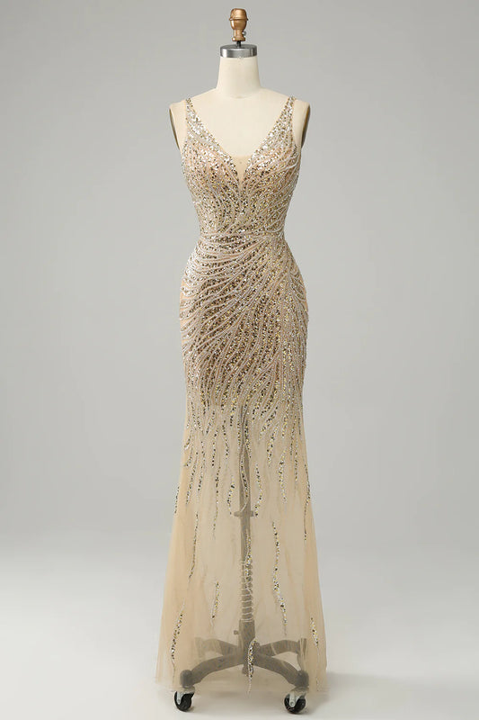 AerbaDress Golden Backless Sequin Prom Dress