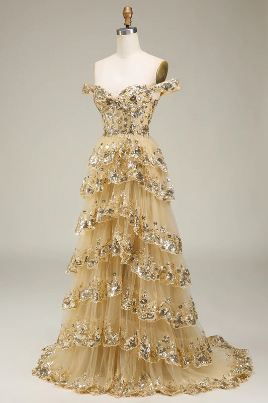 Aerba Dresses Princess A Line Off The Shoulder Gold Tiered Prom Dress