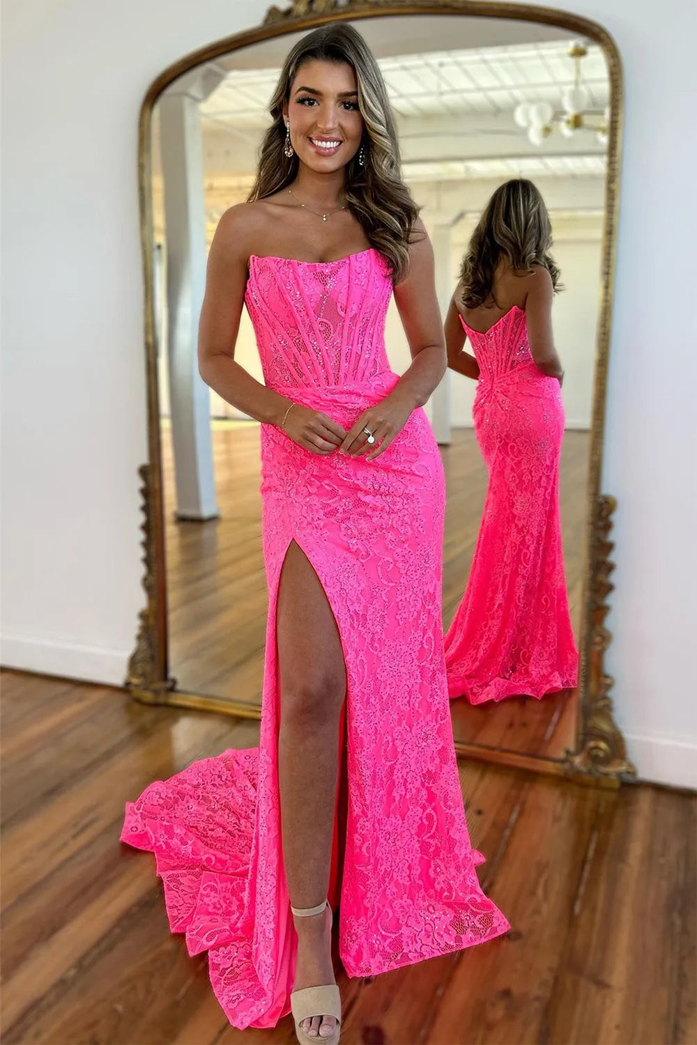 AerbaDress Prom Dress Mermaid Strapless Sweep Train Glitter With Slit