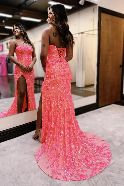 AerbaDress Strapless Mermaid Lace Up Prom Dress With Slit