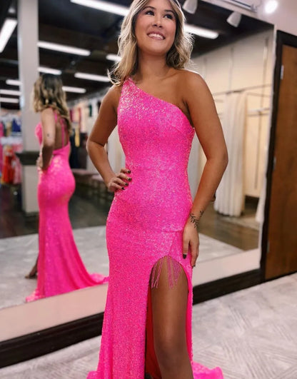 AerbaDress Gorgeous Prom Dress Sparkly Sequin One Shoulder Long Glitter