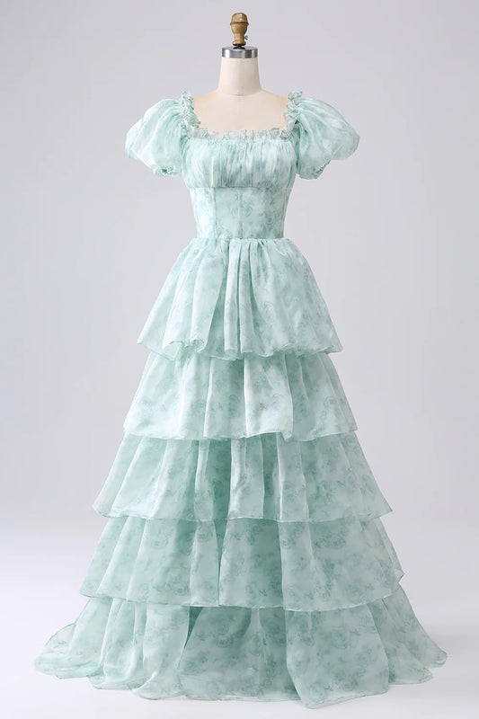 AerbaDress A Line Square Neck Light Blue Tiered Prom Dress with Ruffles