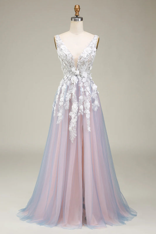 AerbaDress Gorgeous A Line Deep V Neck Grey Pink Long Prom Dress with Appliques