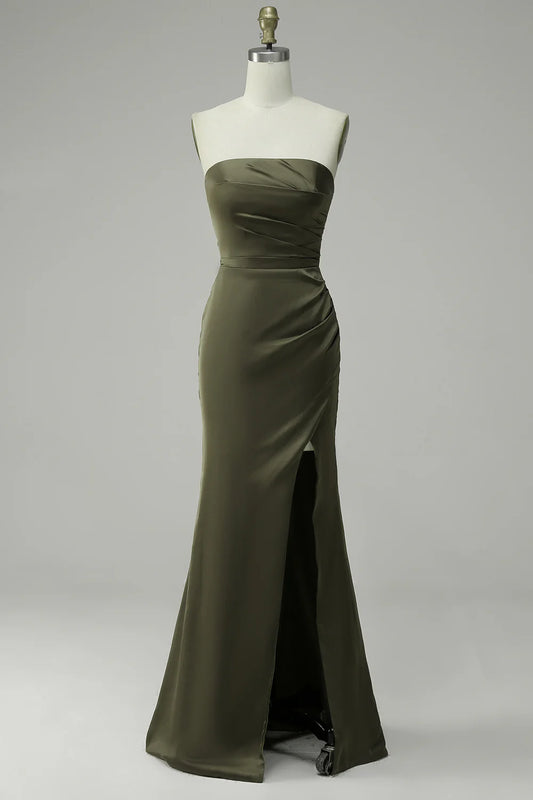 AerbaDress Green Strapless Satin Mermaid Prom Dress with Slit