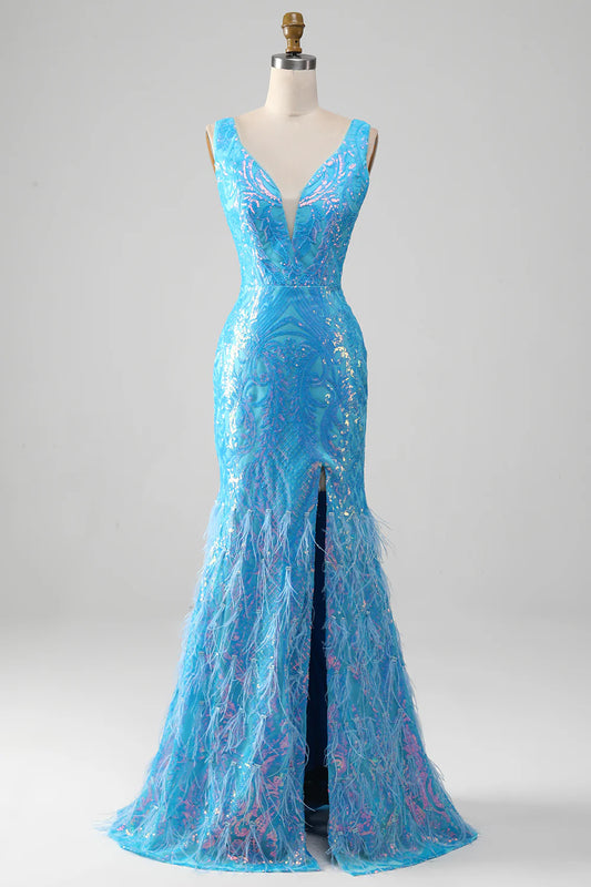 AerbaDress Sparkly Blue Mermaid V-Neck Long Prom Dress With Slit