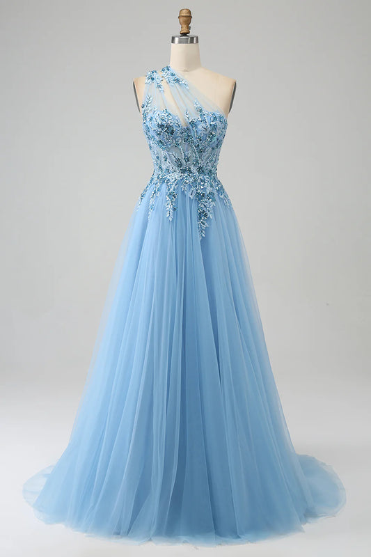 AerbaDress A-Line Prom Dress One Shoulder Sequin with Appliques Light Blue