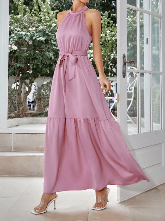 AerbaDress Halter Tiered Maxi Dresses With Belt Wedding Guest Dresses