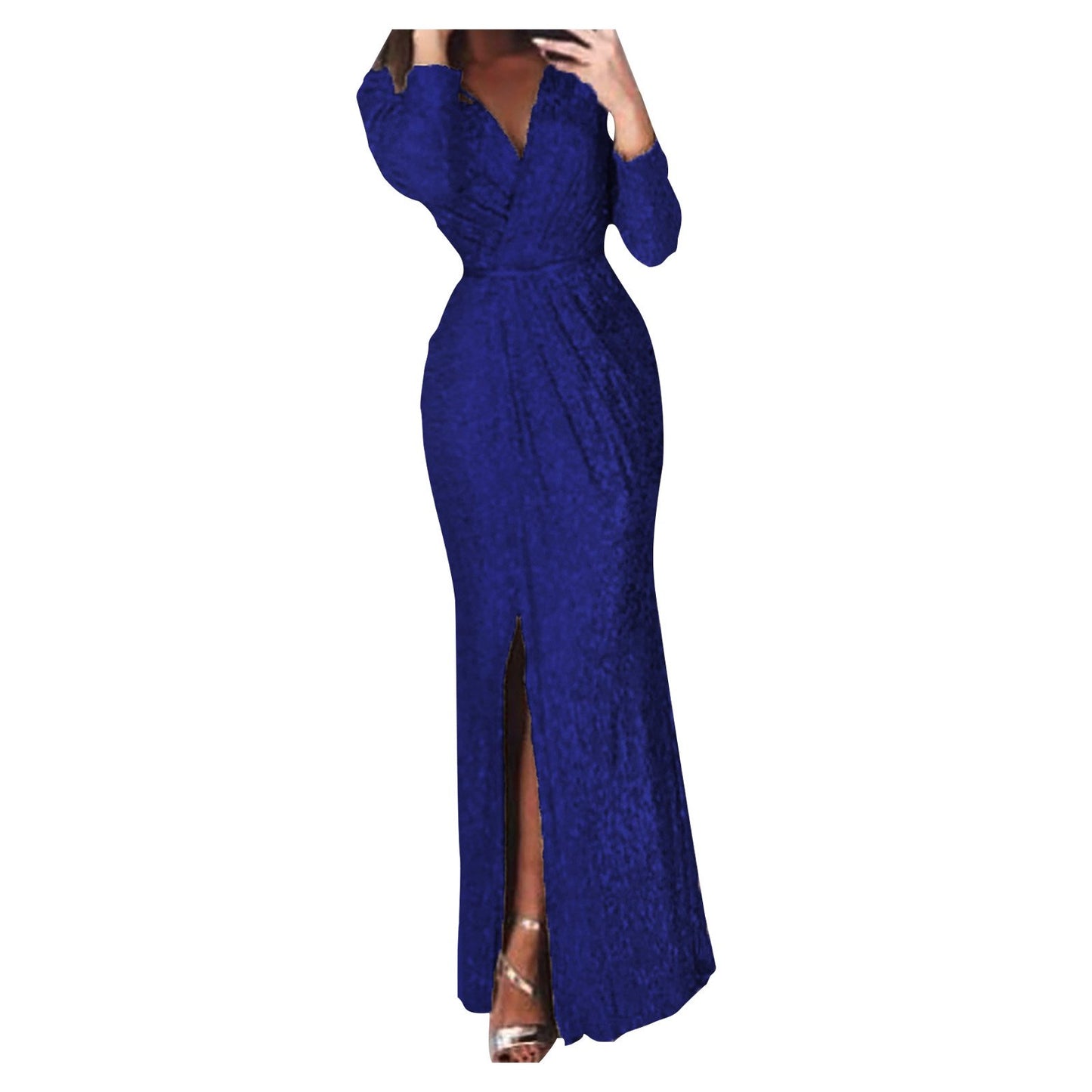 AerbaDress Womens Sequin Evening Dress Wrap V Neck Long Sleeve Side Split Formal Ball Gowns