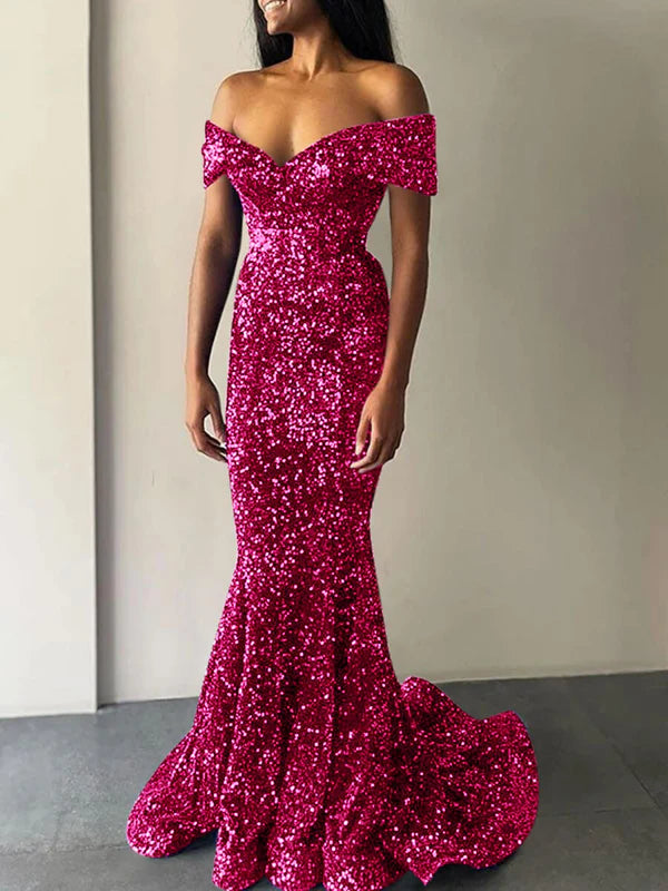 AerbaDress Mermaid Off the Shoulder Sleeveless Sweep Train Velvet Sequin Prom Dress