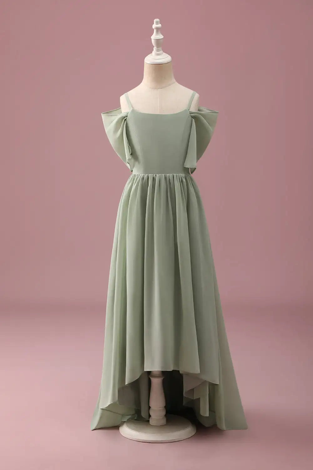 Junior Bridesmaid Dress A-Line Cold Shoulder Spaghetti Strap Ruched Hi Lo Fashion Girl Formal Dress