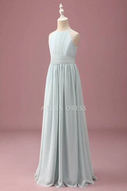 Junior Bridesmaid Dress A-Line Halter Sleeveless Pleated Elegant Simple Long Girl Formal Dress
