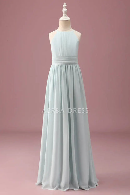 Junior Bridesmaid Dress A-Line Halter Sleeveless Pleated Elegant Simple Long Girl Formal Dress
