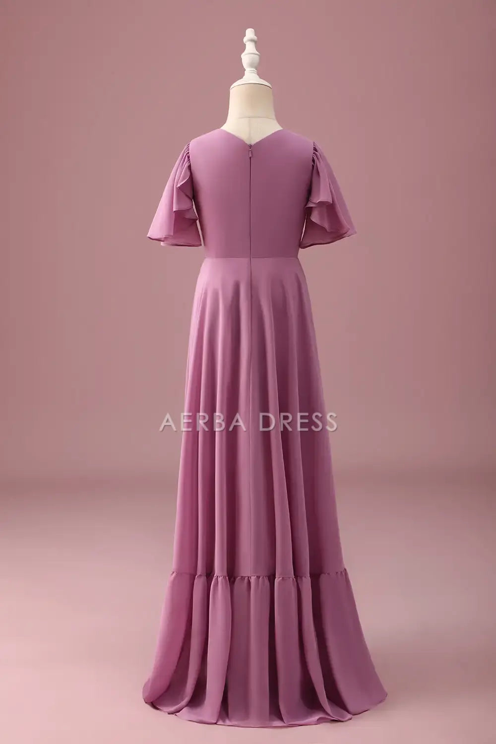 Junior Bridesmaid Dress A-Line V Neck Flowy Sleeve Ruched High-Low Fashion Long Girl Formal Dress
