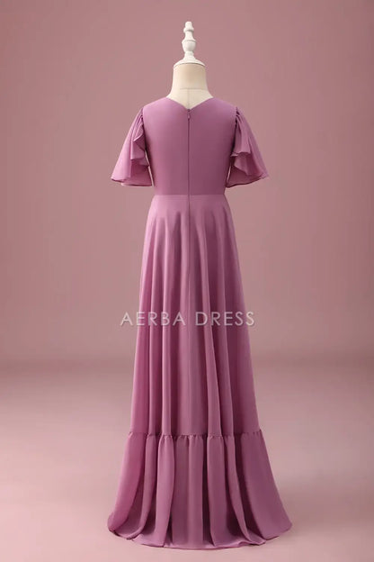 Junior Bridesmaid Dress A-Line V Neck Flowy Sleeve Ruched High-Low Fashion Long Girl Formal Dress