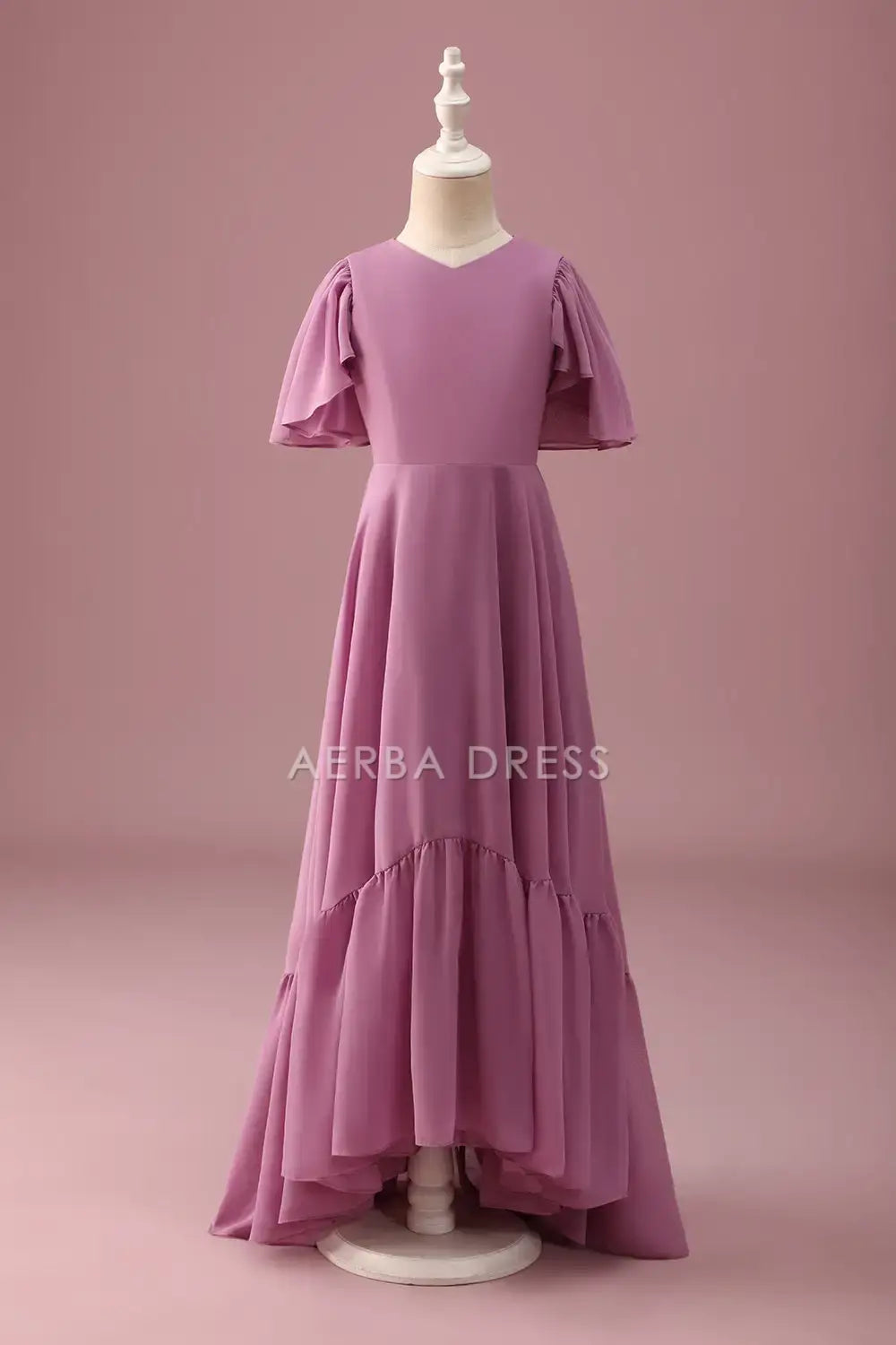 Junior Bridesmaid Dress A-Line V Neck Flowy Sleeve Ruched High-Low Fashion Long Girl Formal Dress