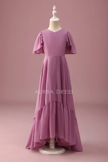 Junior Bridesmaid Dress A-Line V Neck Flowy Sleeve Ruched High-Low Fashion Long Girl Formal Dress