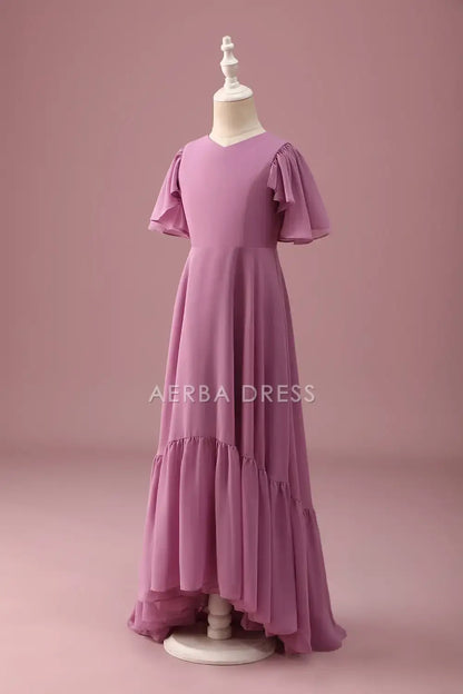 Junior Bridesmaid Dress A-Line V Neck Flowy Sleeve Ruched High-Low Fashion Long Girl Formal Dress