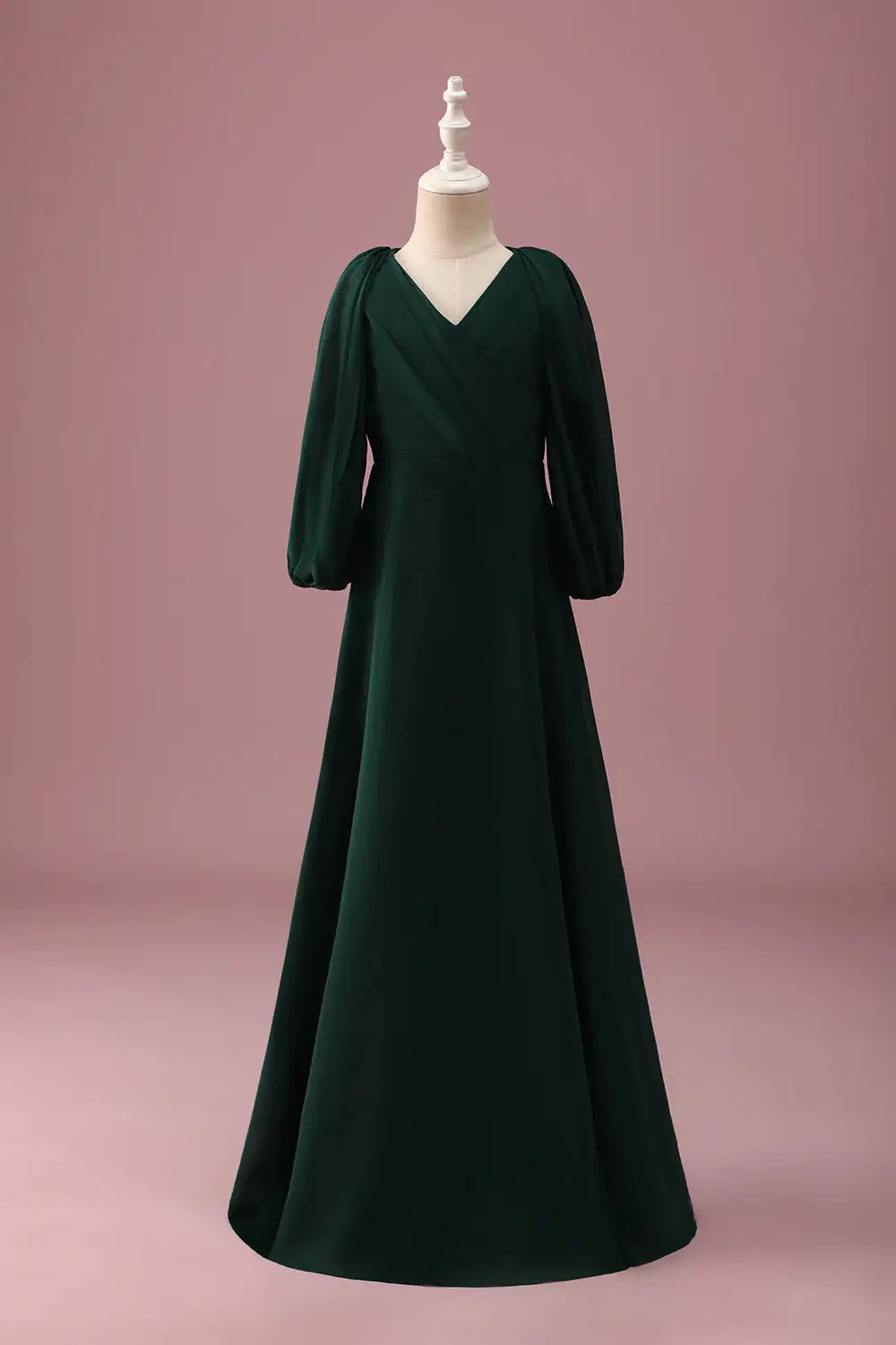 Junior Bridesmaid Dress A-Line V Neck Long Sleeves Pleated Elegant Long Girl Formal Dress