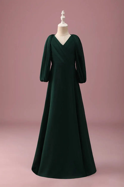 Junior Bridesmaid Dress A-Line V Neck Long Sleeves Pleated Elegant Long Girl Formal Dress