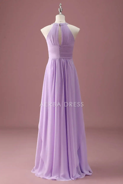 Junior Bridesmaid Dress A Line Halter Sleeveless Beaded Keyhole Pleated Exquisite Long Girl Formal Dress