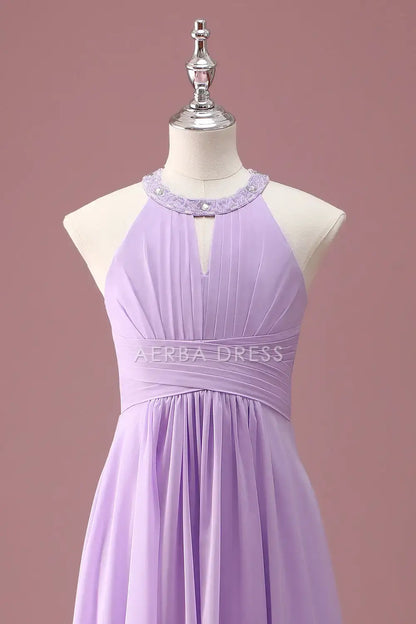 Junior Bridesmaid Dress A Line Halter Sleeveless Beaded Keyhole Pleated Exquisite Long Girl Formal Dress