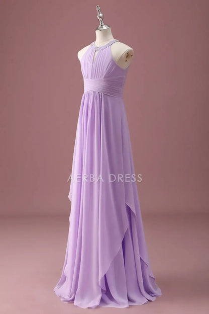 Junior Bridesmaid Dress A Line Halter Sleeveless Beaded Keyhole Pleated Exquisite Long Girl Formal Dress