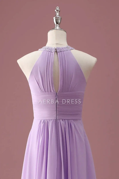 Junior Bridesmaid Dress A Line Halter Sleeveless Beaded Keyhole Pleated Exquisite Long Girl Formal Dress