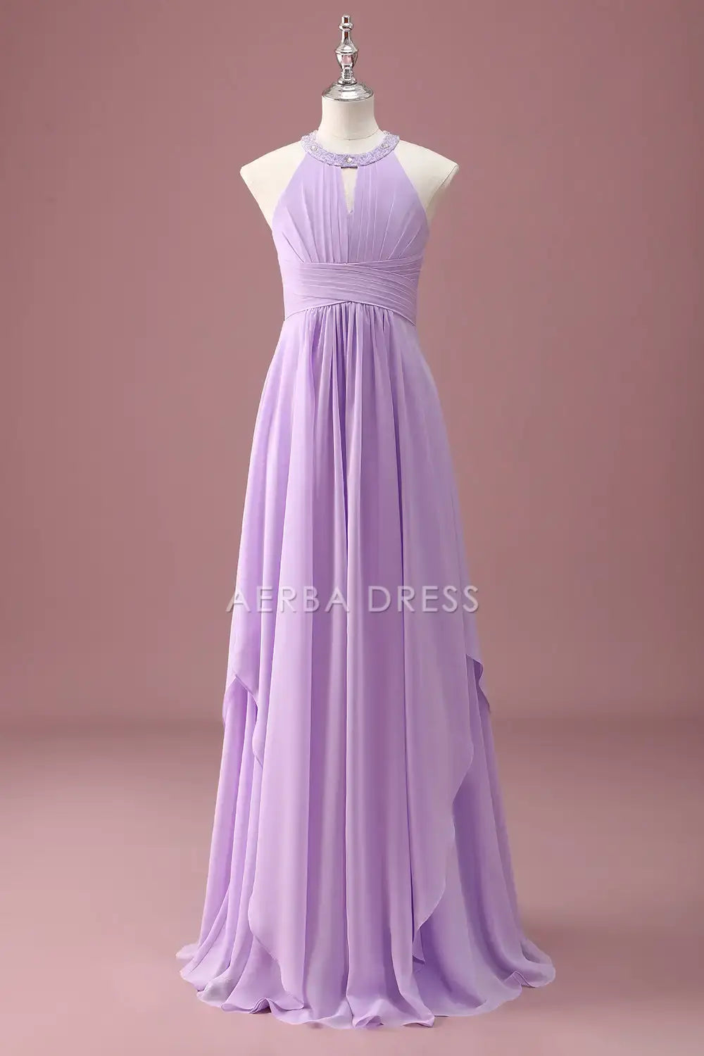 Junior Bridesmaid Dress A Line Halter Sleeveless Beaded Keyhole Pleated Exquisite Long Girl Formal Dress