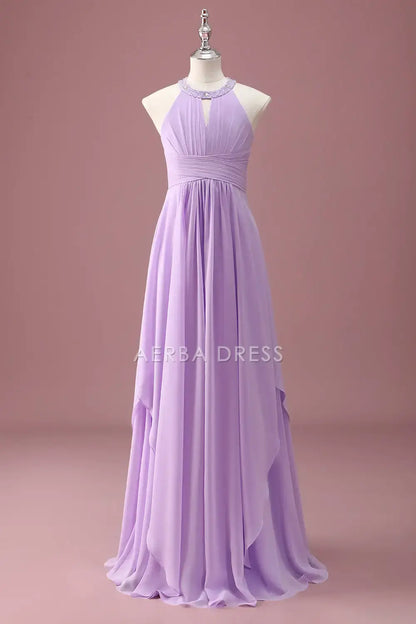 Junior Bridesmaid Dress A Line Halter Sleeveless Beaded Keyhole Pleated Exquisite Long Girl Formal Dress