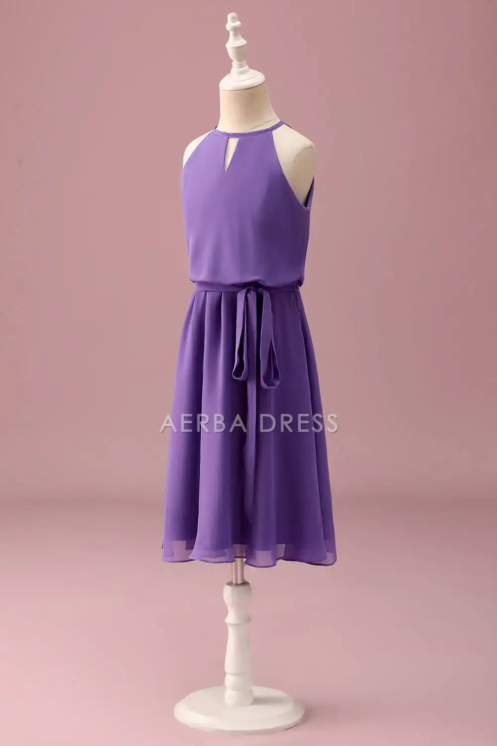 Junior Bridesmaid Dress A Line Halter Sleeveless Keyhole With Belt Elegant Retro Girl Formal Dress