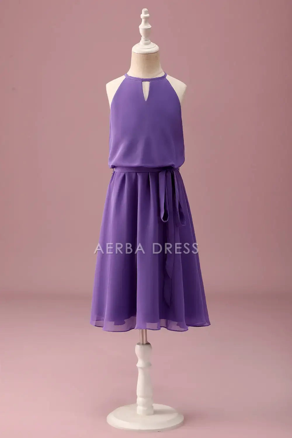 Junior Bridesmaid Dress A Line Halter Sleeveless Keyhole With Belt Elegant Retro Girl Formal Dress