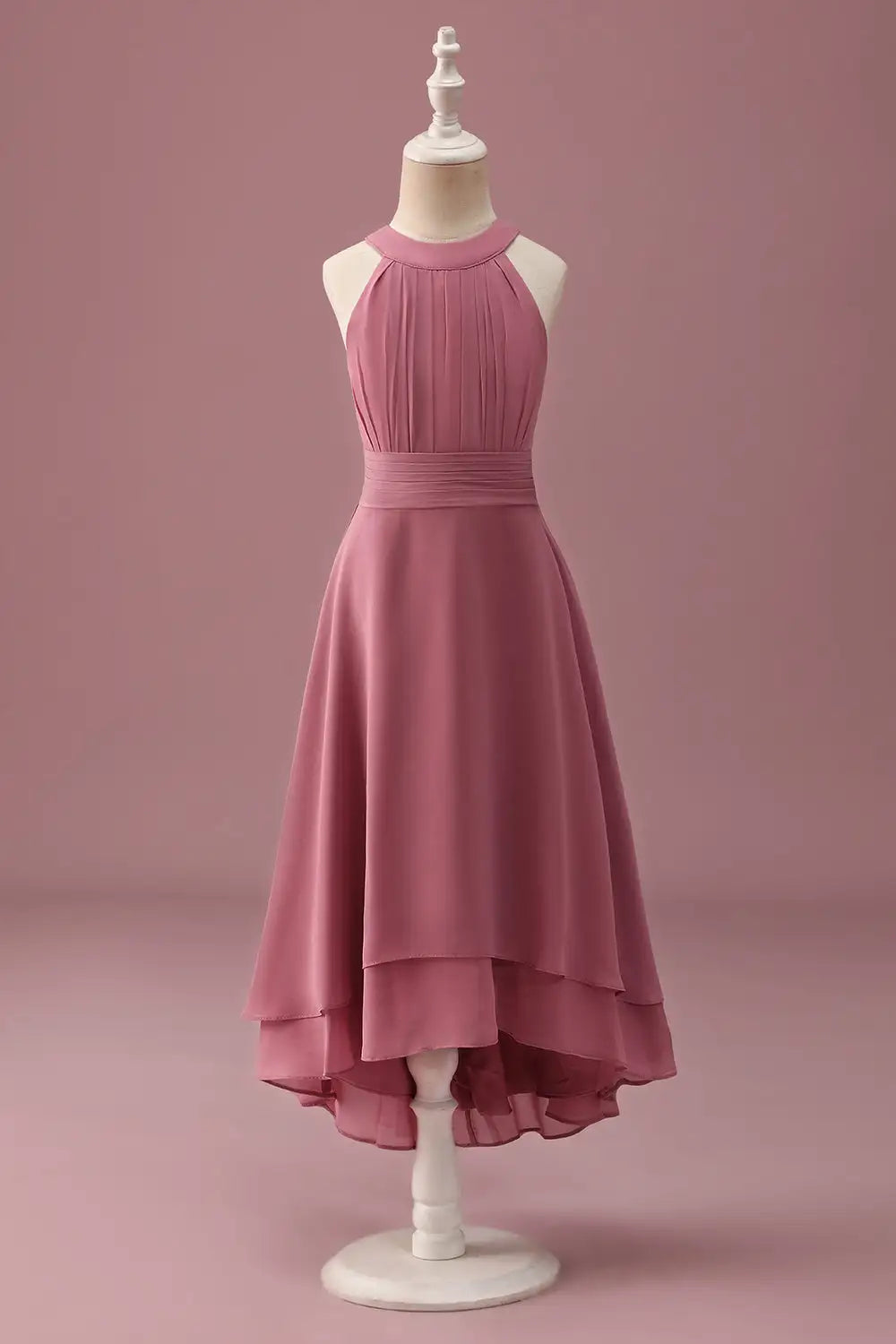Junior Bridesmaid Dress A Line Halter Sleeveless Pleated High Low Double-Layer Hemline Long Fashion Girl Formal Dress