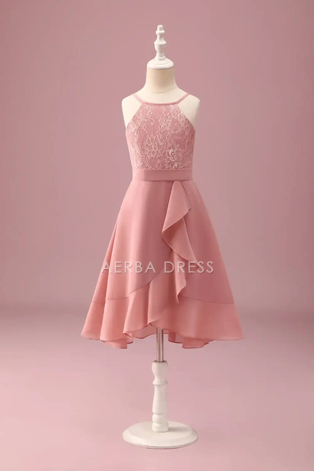 Junior Bridesmaid Dress A Line Halter Spaghetti Strap Lace Backless With Ruffles Exquisite Girl Formal Dress