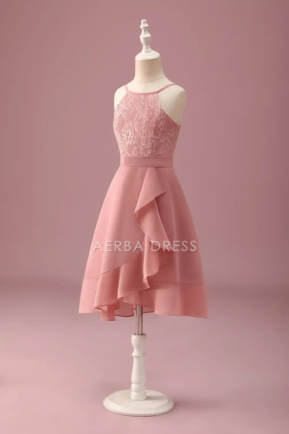 Junior Bridesmaid Dress A Line Halter Spaghetti Strap Lace Backless With Ruffles Exquisite Girl Formal Dress