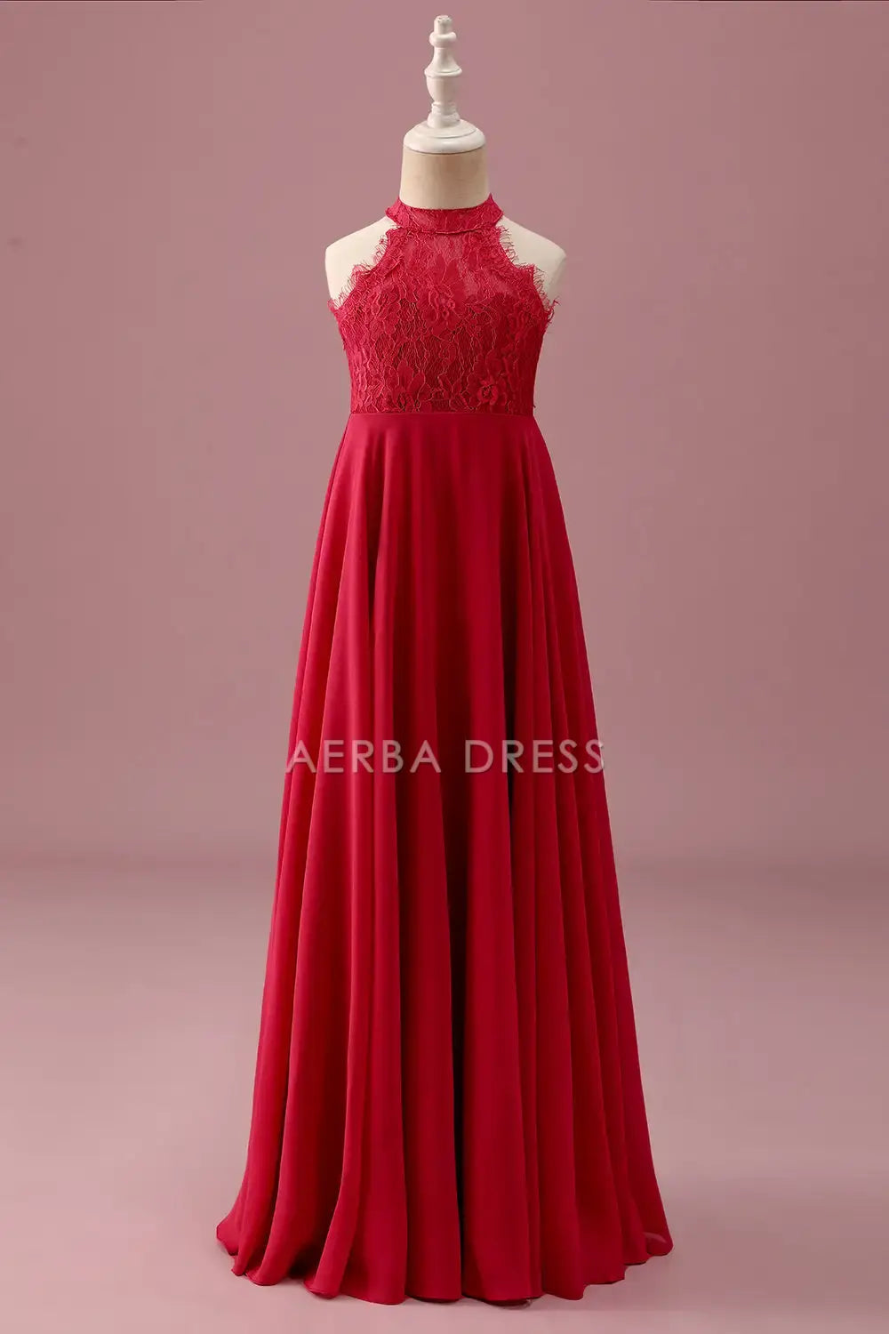 Junior Bridesmaid Dress A Line Lace Halter Sleeveless Red Ruched Backless Fashion Girl Formal Dress