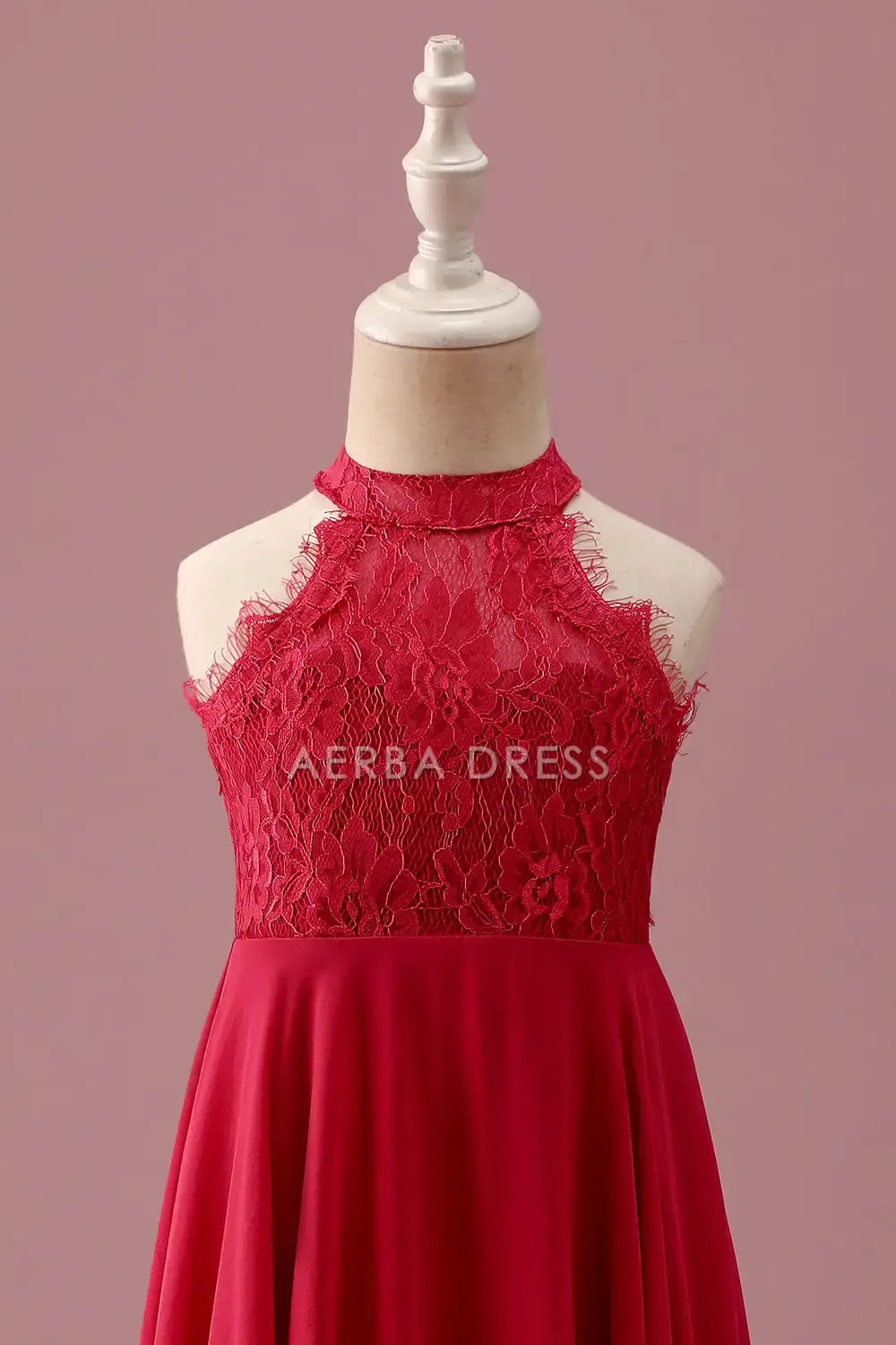 Junior Bridesmaid Dress A Line Lace Halter Sleeveless Red Ruched Backless Fashion Girl Formal Dress