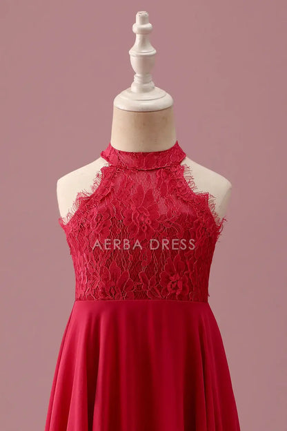 Junior Bridesmaid Dress A Line Lace Halter Sleeveless Red Ruched Backless Fashion Girl Formal Dress