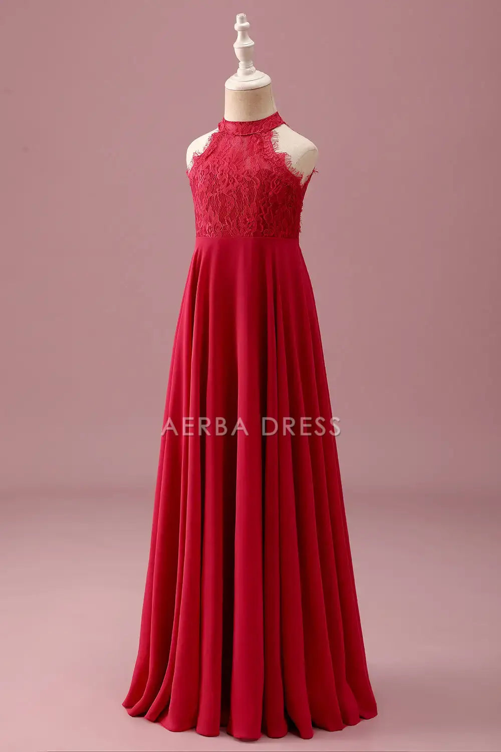 Junior Bridesmaid Dress A Line Lace Halter Sleeveless Red Ruched Backless Fashion Girl Formal Dress
