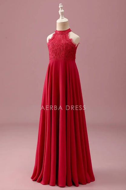 Junior Bridesmaid Dress A Line Lace Halter Sleeveless Red Ruched Backless Fashion Girl Formal Dress