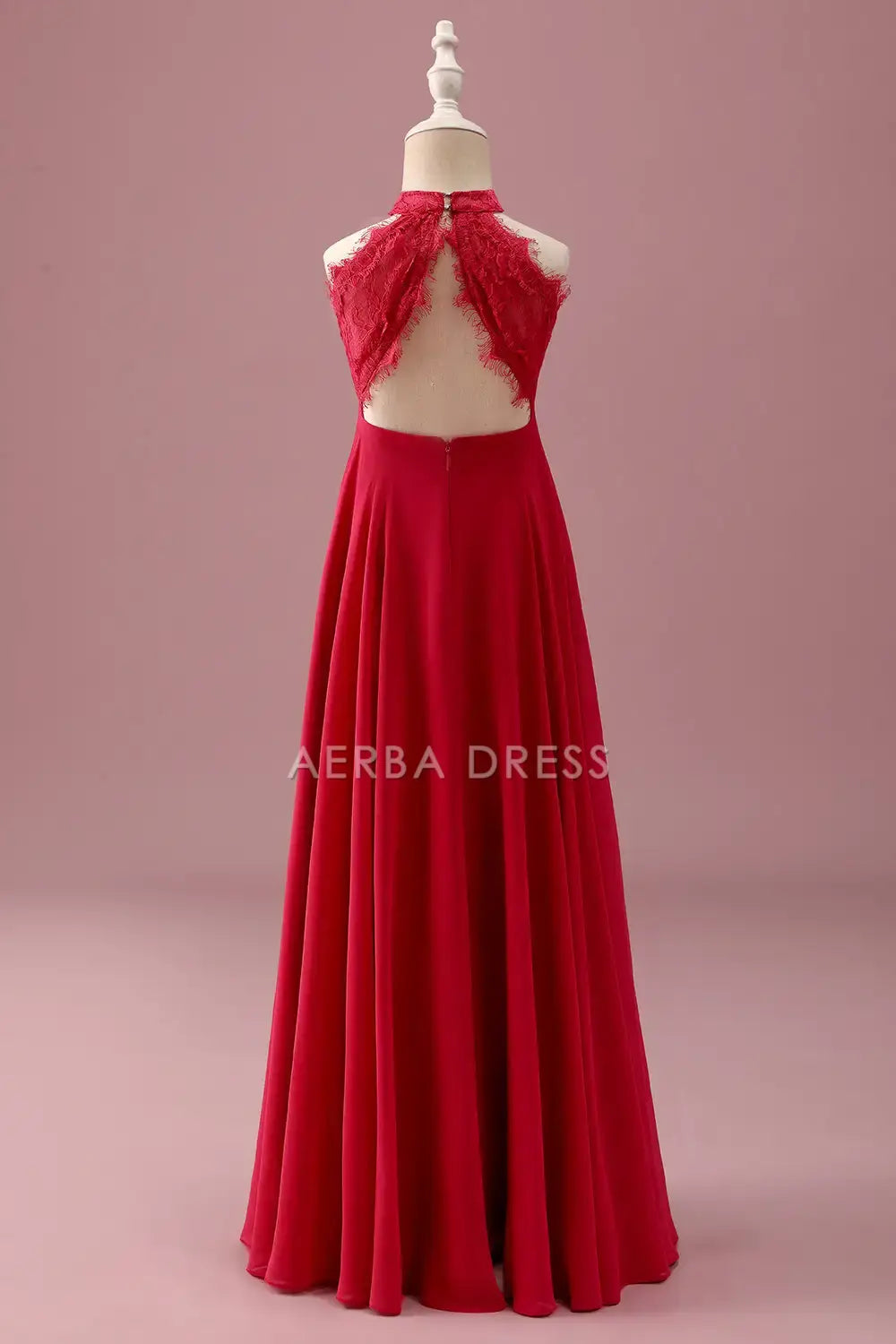 Junior Bridesmaid Dress A Line Lace Halter Sleeveless Red Ruched Backless Fashion Girl Formal Dress