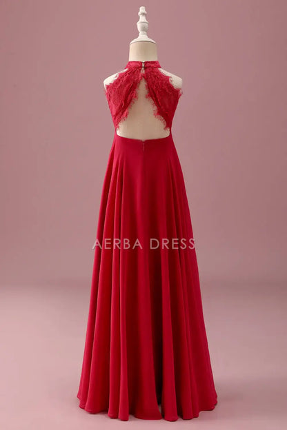 Junior Bridesmaid Dress A Line Lace Halter Sleeveless Red Ruched Backless Fashion Girl Formal Dress