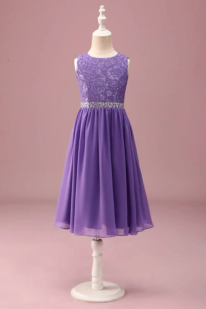 Junior Bridesmaid Dress A Line Lace Round Neck Sleeveless Rhinestone Belt Ruched Exquisite Girl Formal Dress