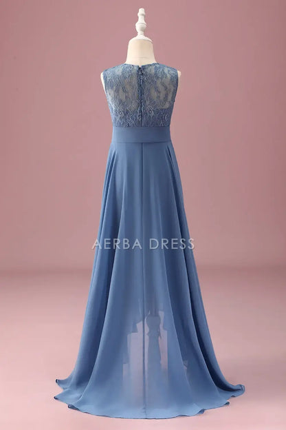 Junior Bridesmaid Dress  A Line Lace Round Neck Sleeveless Ruffles With Belt High Low Hemline Girl Formal Dress