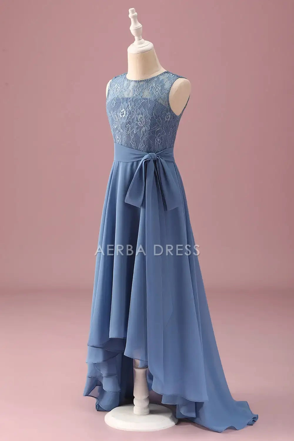 Junior Bridesmaid Dress  A Line Lace Round Neck Sleeveless Ruffles With Belt High Low Hemline Girl Formal Dress