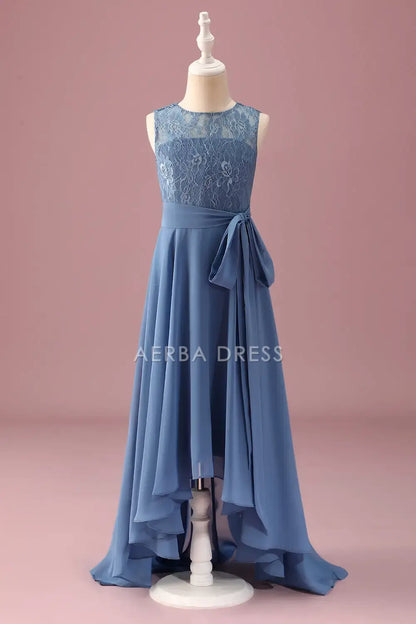 Junior Bridesmaid Dress  A Line Lace Round Neck Sleeveless Ruffles With Belt High Low Hemline Girl Formal Dress